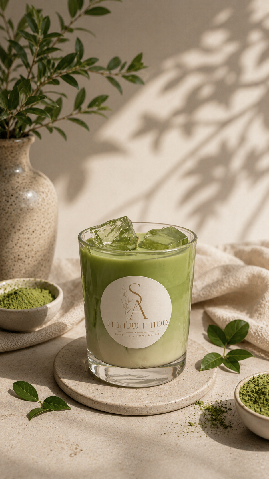 Matcha Latte – נר משעוות סויה בעיצוב משקה מאצ'ה קר, מונח לצד אבקת מאצ'ה